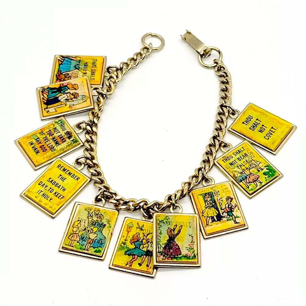 Vintage Charm Bracelet 10 Commandments Hologram Style Sunday School EUC